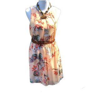 Forever 21 Flowy Peach Floral Summer Dress L Sleeveless High Neckline